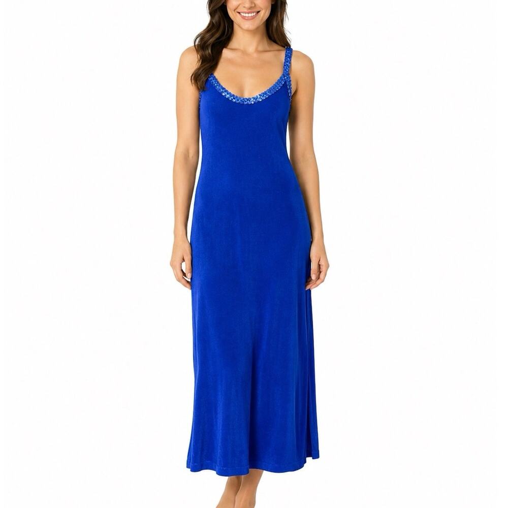 Vtg 90s Cobalt Blue Slinky Maxi Dress Sequin Strap Womens L USA